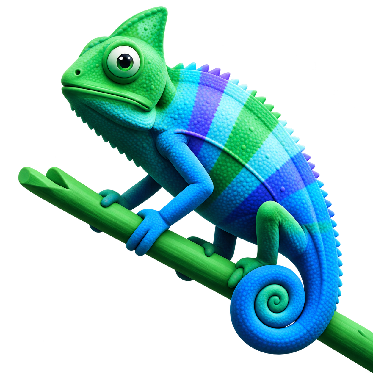 Caméléon 3D stylisé vert et turquoise, accroché à une branche diagonale